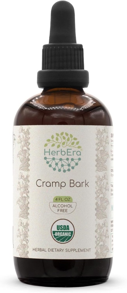 HerbEra kramp koor B120 USDA orgaaniline tinktuur | Alkoholivaba ekstrakt, suure tugevusega taimetilgad | sertifitseeritud orgaaniline kramp koor (Viburnum Opulus) Kuivatatud koor (4 fl oz)