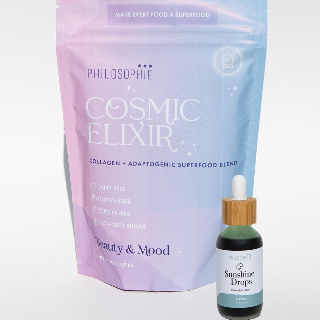 Philosophie Sunshine Drops & Cosmic Elixir Bundle - Vedel Chlorophyll & Superfood Powder Blend - All Natural Plant-Based 2pack