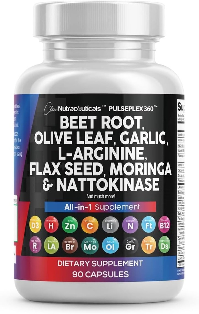 Puhas Nutraceuticals Beet Juurkapslid Olive Leaf Nattokinase Küüslauk Ekstrakt L-Arginiin Omega 3 Punane Pärm Riis Hibiscus Danshen - Tervislik täiendus - 90 Ct