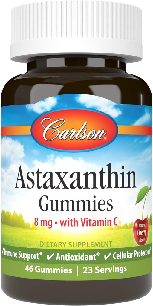 Carlson - Astaksantiin Gummies, koos C-vitamiiniga, immuunsüsteemi tugi, antioksüdant, südame tervis, mitte-GMO, kirsi maitse, 46 taimetoitlast kummikut