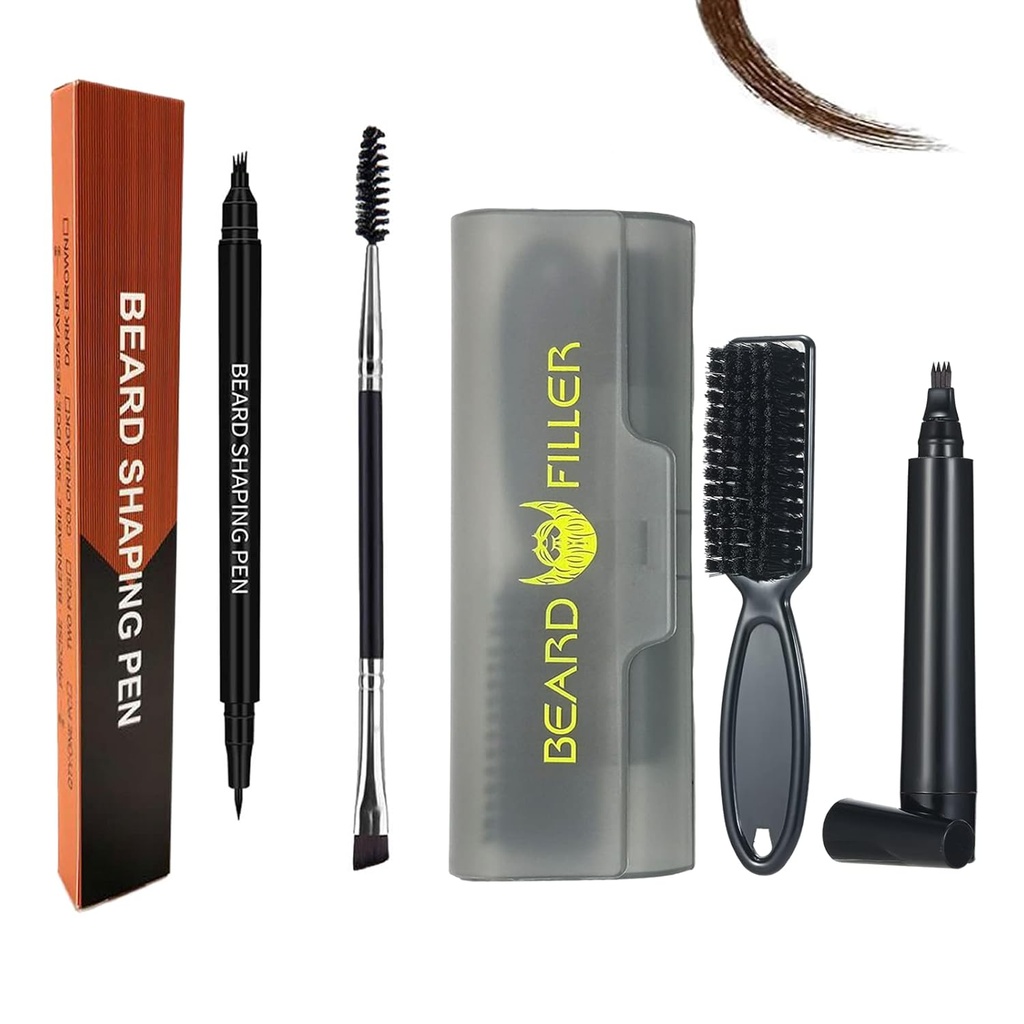 Habe pliiatsi täiteaine meestele, Hysotok Beard Pen täitepastaka komplekt, WaterProof Sweat Proof Long Lasting Beard Filler Pen, Double End Beard Brush for Men Mustache Remond Kuju (tumepruun)