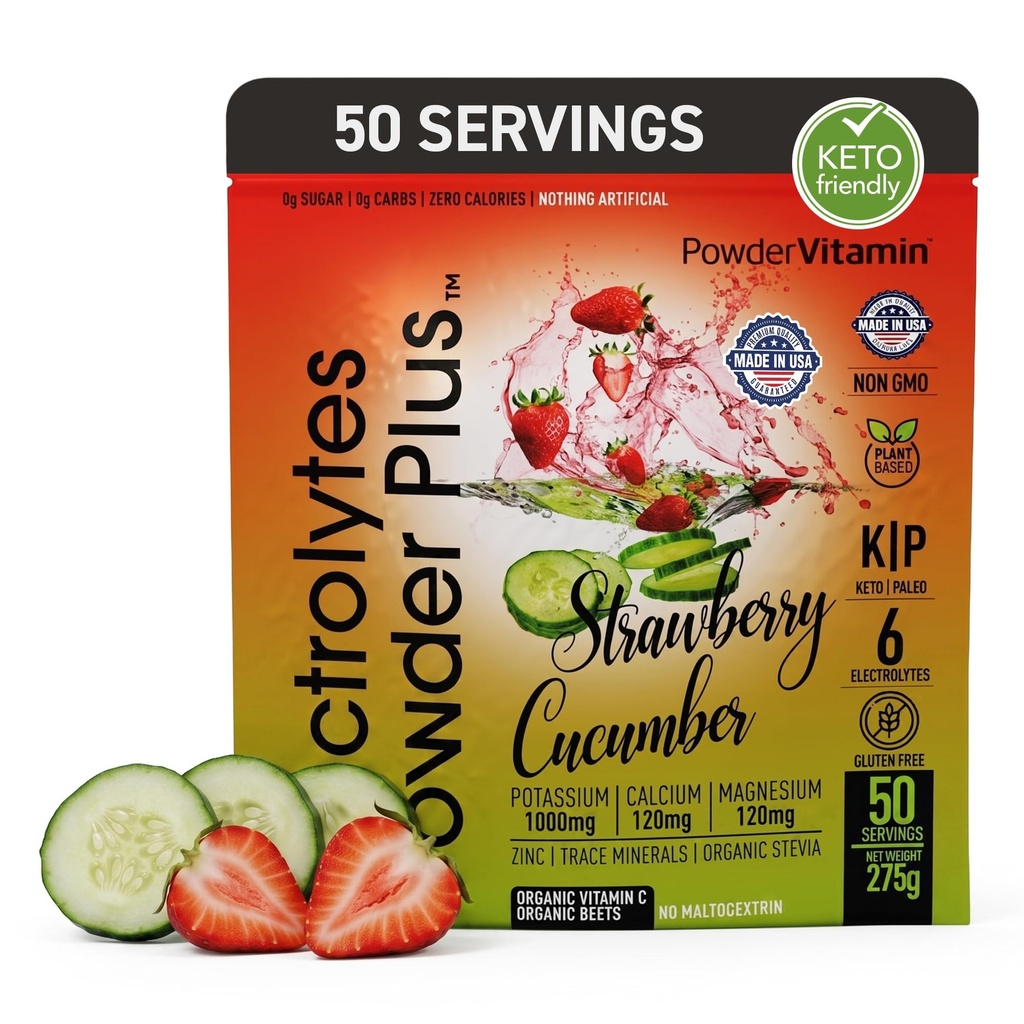 Elektrolüüdid Pulber Plus (50 Servings), 0 kalorit Keto, 0 Suhkur, Ei Maltodekstriini,1000mg Kaalium, 120mg Kaltsium, 120mg Magneesium, Hüdraadipulber (50 Servings, Maasika Kurk)