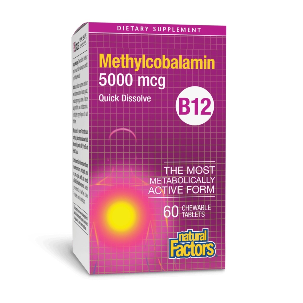 Looduslikud tegurid, vitamiin B12 Metüülkobalamiin 5000 mcg, närimiskõlblik toetus energiale ja immuunsüsteemile, taimetoitlane, 60 tabletti (60 portsjonit)