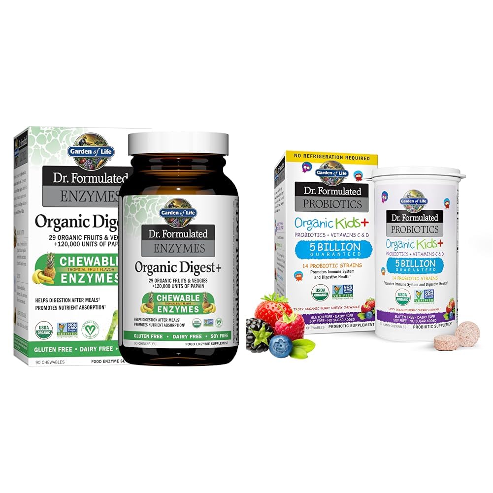 Eluaed Dr formuleeritud seedeensüümid Papain, Bromelain & Dr. Formuleeritud probiootikumid Organic Kids + Plus C & D-vitamiin - Berry Cherry
