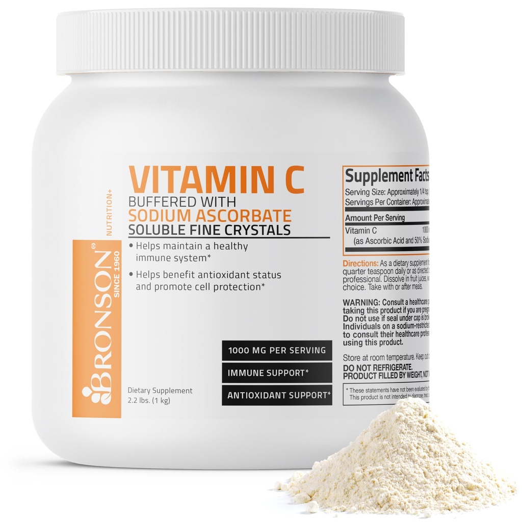 Bronson Buffered Vitamin C Powder Ascorbic Acid Buffered with Sodium Ascorbate Soluble Fine Crystals – Promotes Healthy Immune System and Cell Protection – Powerful Antioxidant - 1 Kilogram (2.2 Lbs)