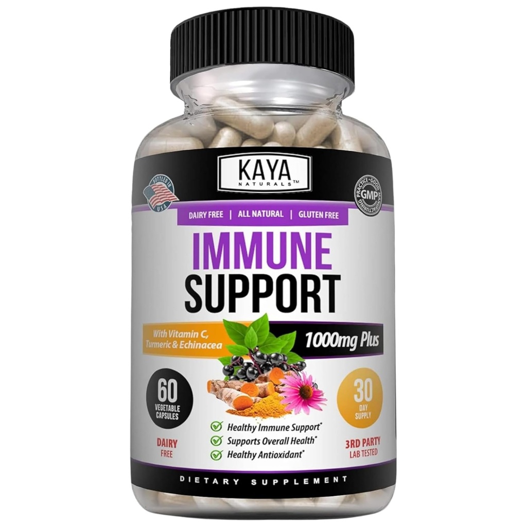 Kaya Naturals Elderberry Immune Support, Elderberry koos tsingi ja C-vitamiini täiskasvanutele Vitamiinid, probiootikumid ja kurkum 1000mg Immuunsüsteemi Booster Sambucus kapslid - 60 Count