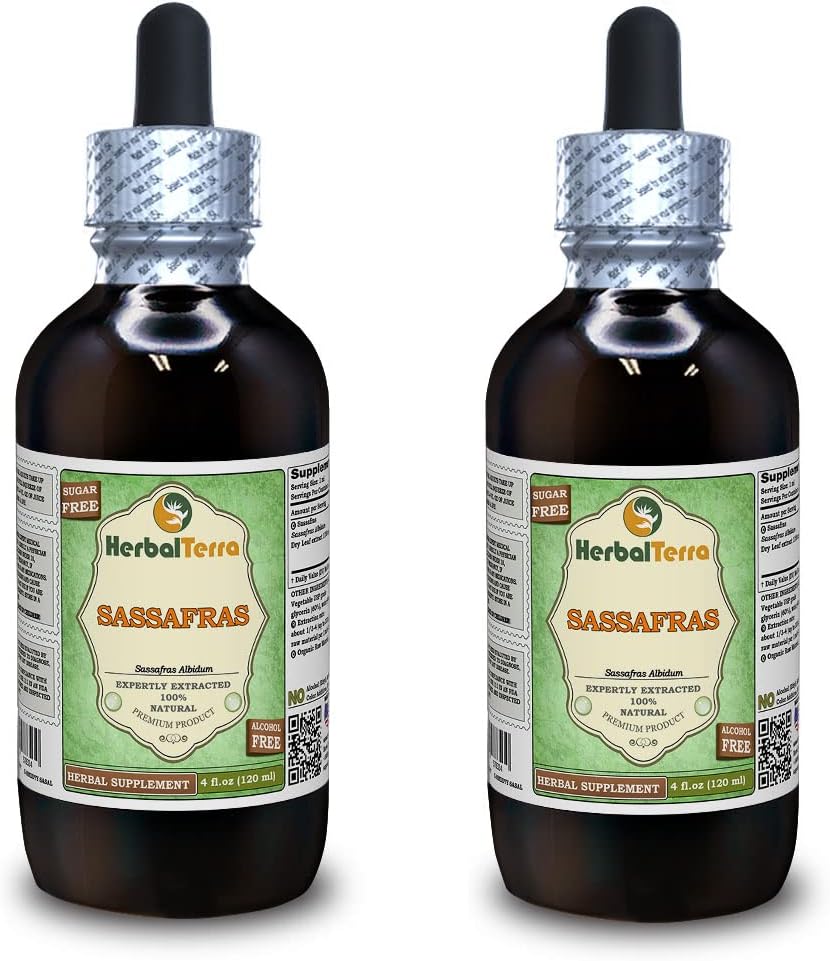Orgaaniline Sassafras (Sassafras Albidum) Glycerite, Kuivatatud Lehed Alkoholivaba Vedelik Ekstrakt (Brand Name: HerbalTerra, Proudly Made in USA) 2x4 fl.oz (2x120 ml)