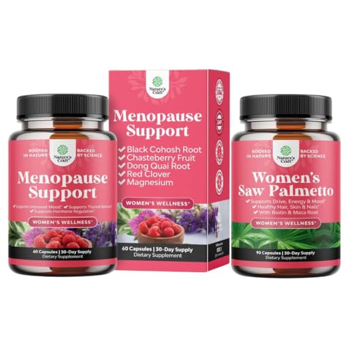 Bundle of Menopause Supplement for Night Sweats, Hot Flashes & Mood Swings with Dong Quai, Chaste Berry & Black Cohosh Root and Saw Palmetto for Women 500mg DHT Blocker koos Maca Root & Biotin