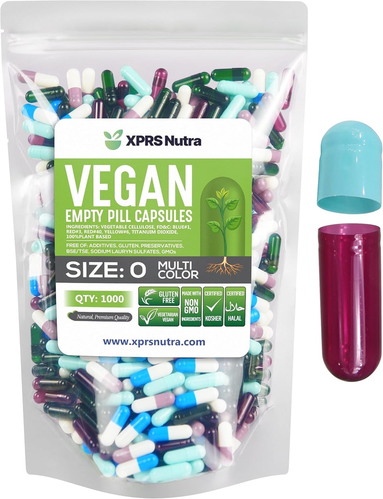 XPRS Nutra suurus 0 Tühjad kapslid - 1000 tühjad vegankapslid - taimetoitlased pillid - DIY köögiviljakapsli täitmine - taimetoidu tabletid do-It-self toidulisandite jaoks (multi värv)