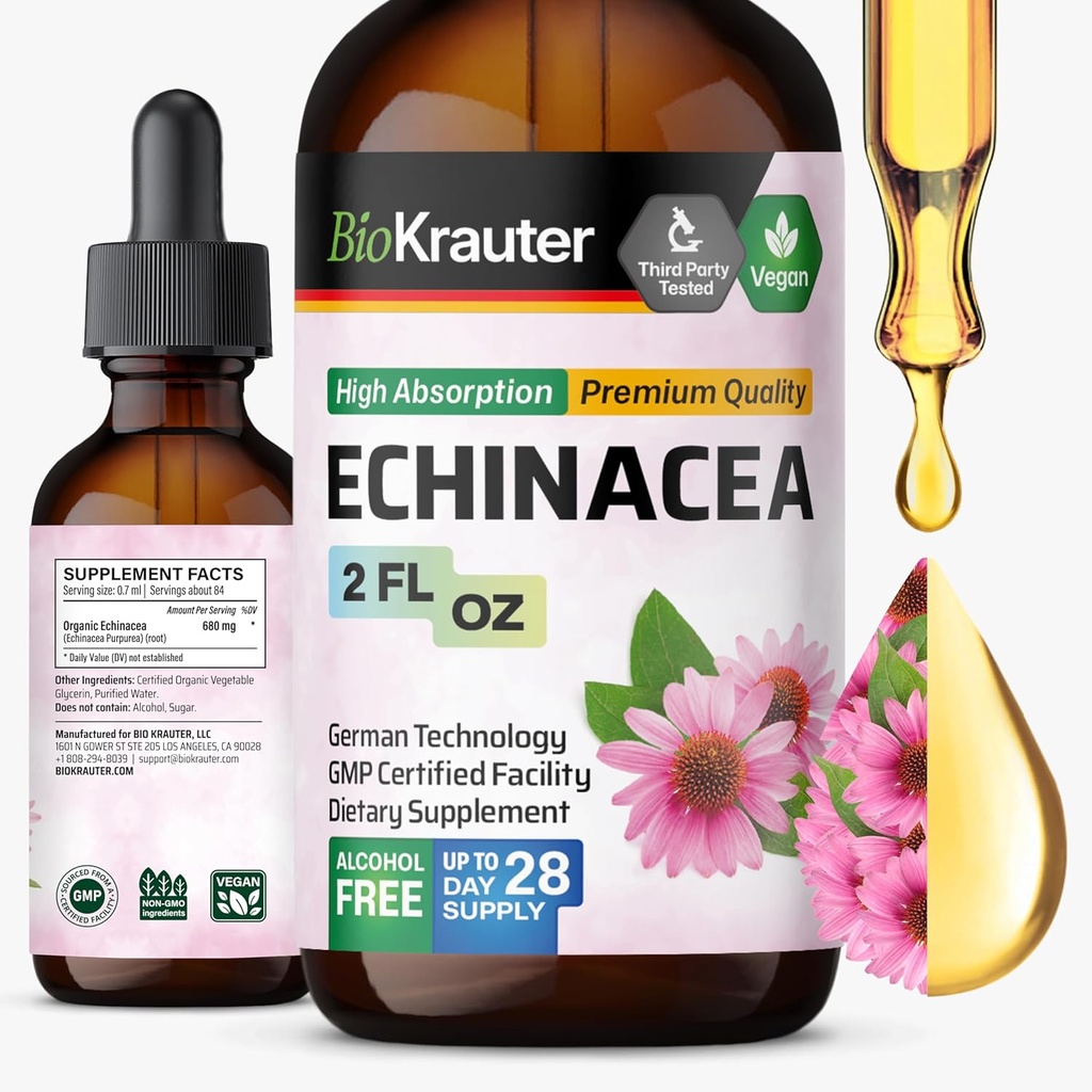 BIO KRAUTER Echinacea Tinktuur - looduslik immuunsuse tugi - Echinacea täiendus - Vegan, alkohol ja suhkruvabad tilgad - 2 Fl.Oz.