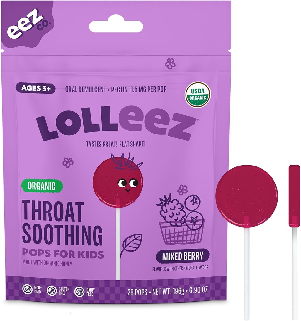 Lolleez Organic Lollipops lastele Sore Throat Relief, Mixed Berry Perfect rahustamiseks valulik kurk samas maitsevad suur, segatud marjamaitse, 28 Count
