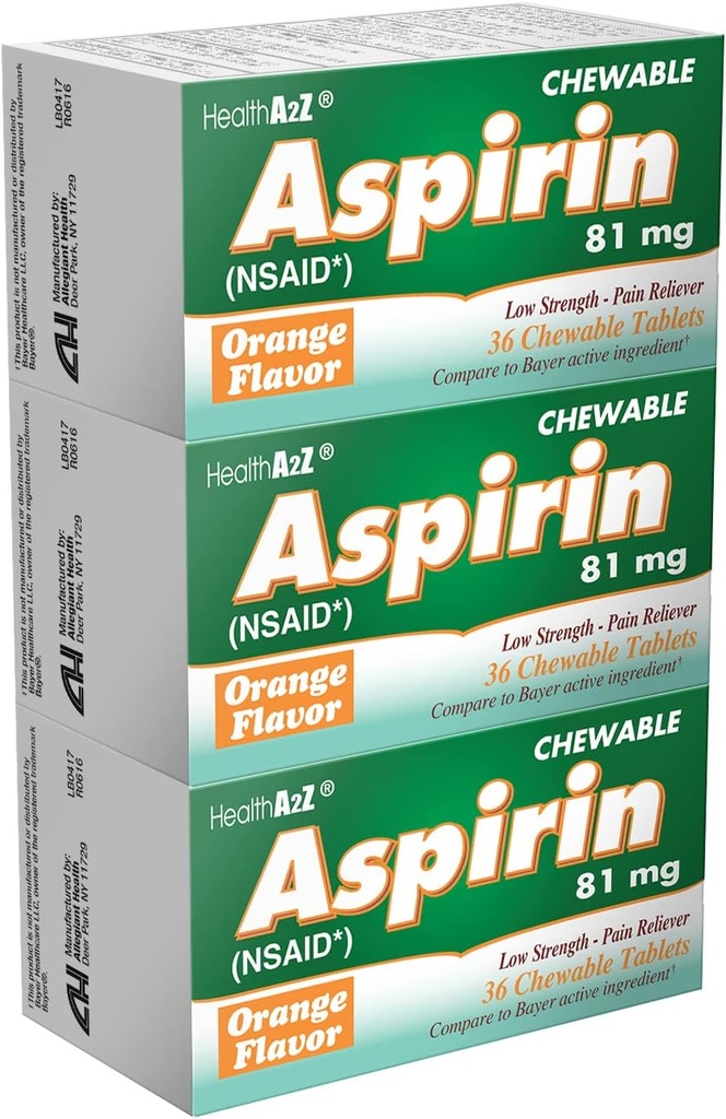 HealthA2Z® Aspiriin 81mg | Madal tugevusega närimistabletid | Valu leevendamine ja palaviku vähendaja | Oranž maitse | Vähendab väiksemaid valusid, peavalu ja lihasvalu | 36 arvu (3. pakk)