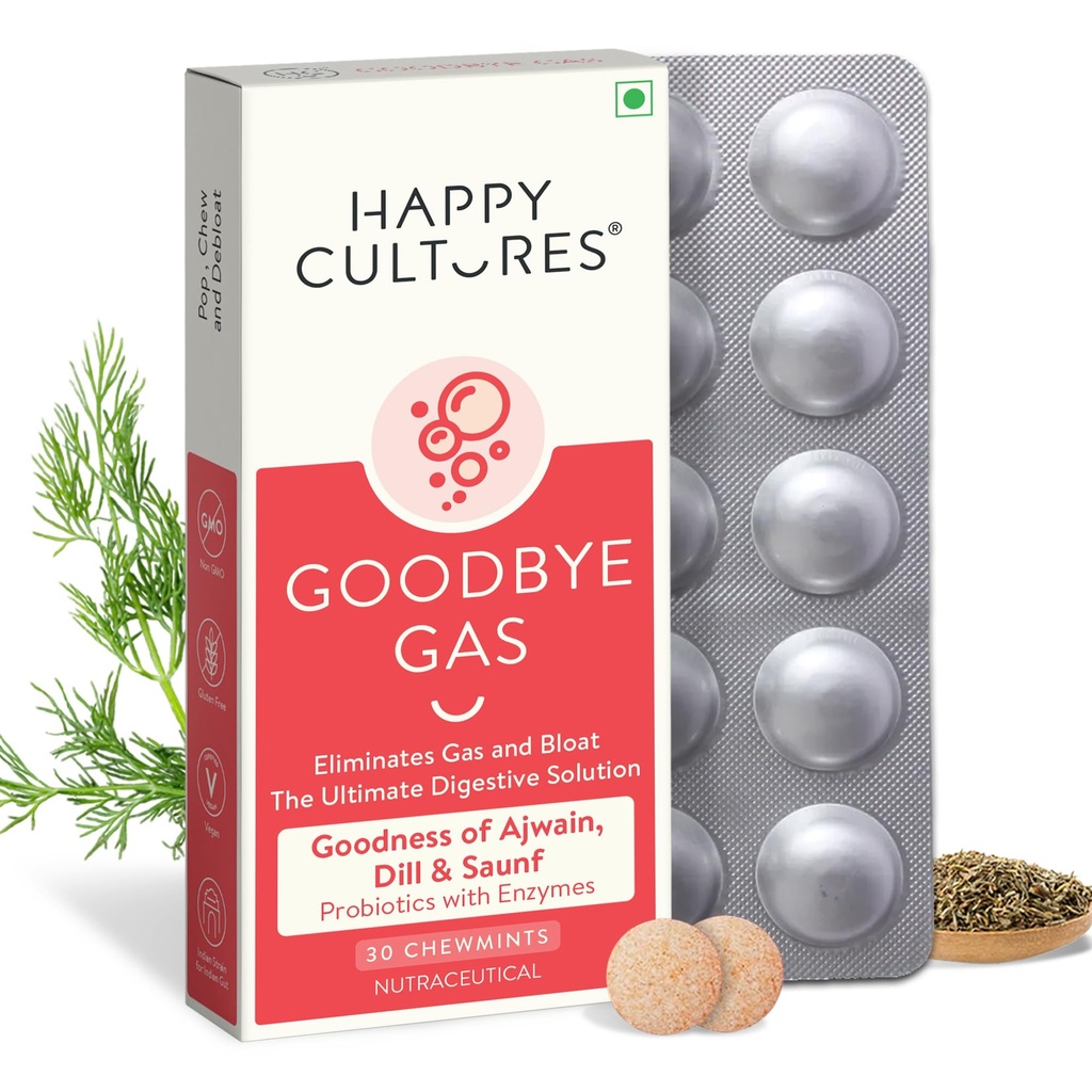 Happy Cultures Goodbye Gaas, närimiskõlblik gaasivabastuskapslid seedetrakti tervise, puhituse ja seedimise jaoks Simethicone 50mg - 30 närimistables