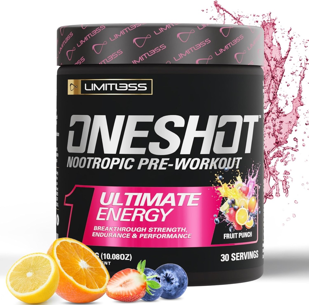 Oneshot Pre Workout Pulber meestele ja naistele - BCAAS Aminohapped Täienduspulber, 200mg Kofeiin, Beeta-alaniin Pulber, tsitrulliinmalaat Preworkout Pulber - Puuviljapunch - 30 Servings