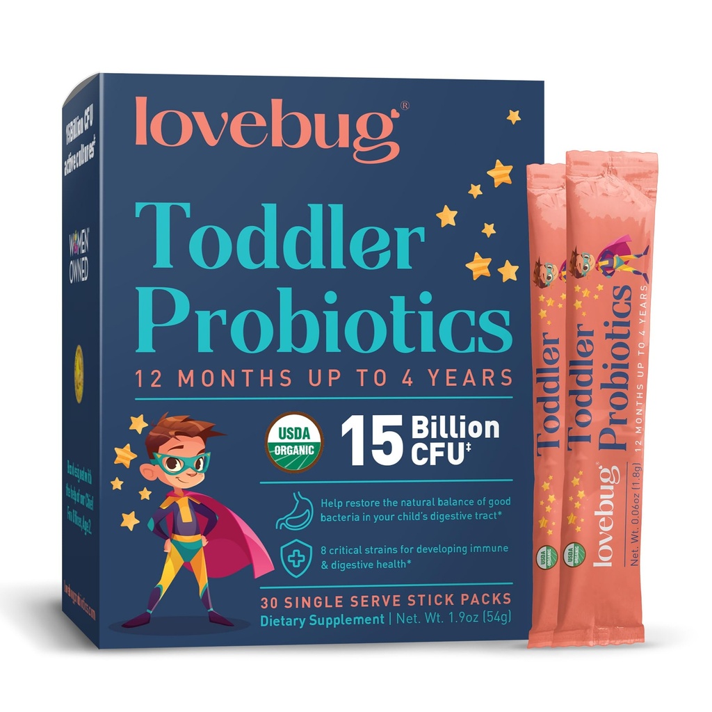 Lovebug Kids Probiootiline pulber prebiootilise kiudainega - väikelaste immuunsuse toetamine ja kõhukinnisuse leevendamine - USDA orgaanilised probiootikumid lastele soolestikule ja seedetrakti tervisele (vanused 1-4) - 30 pakend (maitsestamata)