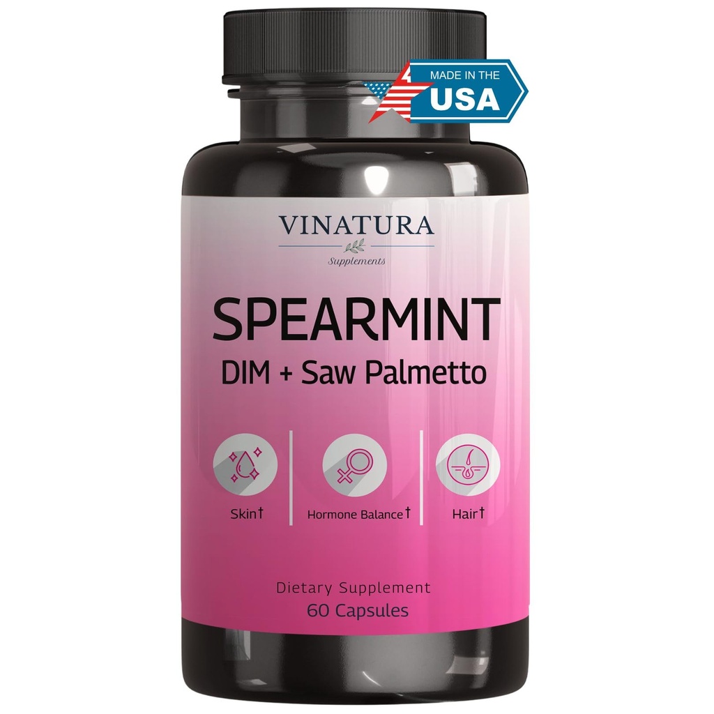 VINATURA Spearmint Leaf kapslite täiendus - täiustatud DIM & Saw Palmetto, soovimatutele juustele, naiste tervisele ja nahale * USA Made & Tested * - 1380mg / serveerimine, 60 kapslit (30 serveerimist)