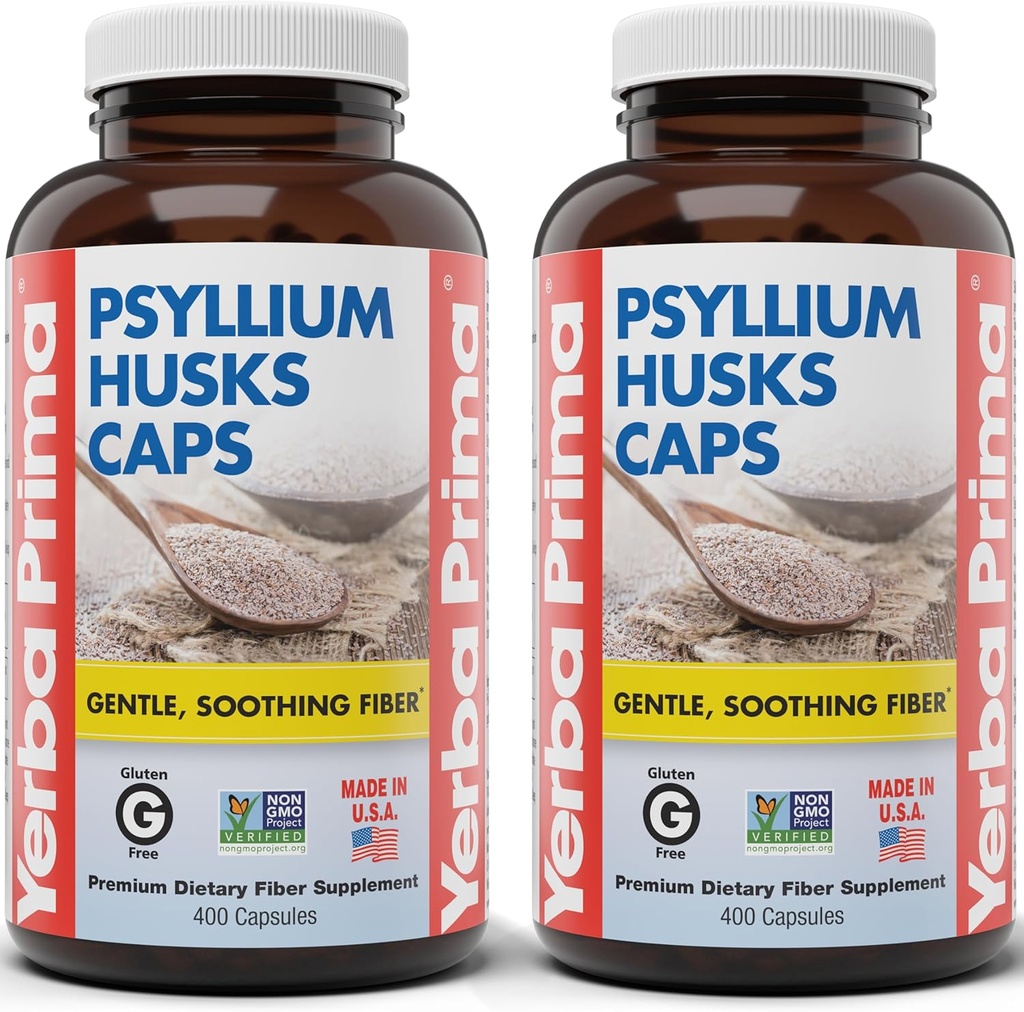 Yerba Prima Psyllium Husks kapslid, 625 mg, 400 kapslit (pakk 2) - looduslik kiud meestele ja naistele - Regulaarsuse tugilisa