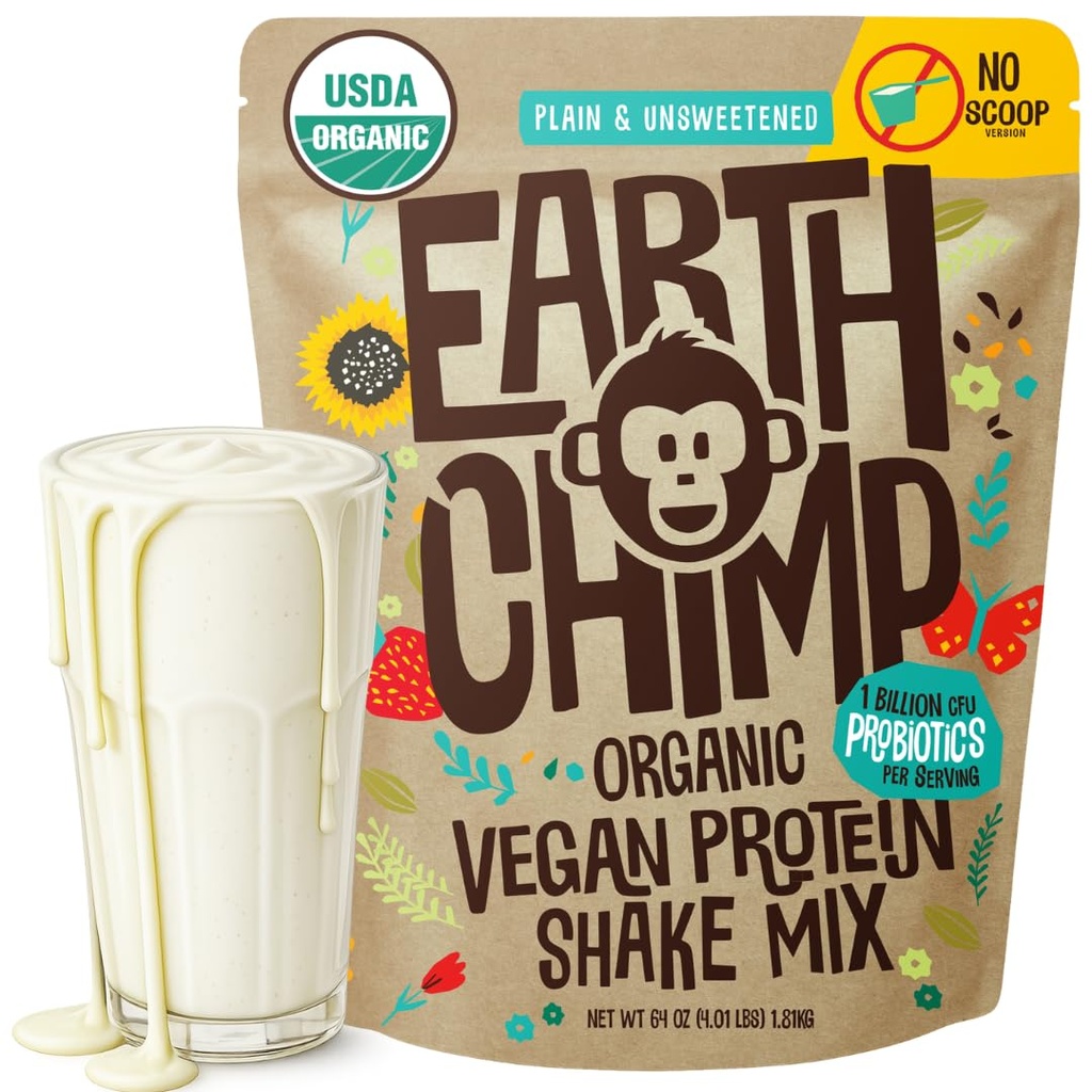EarthChimp Organic Vegan Valgu Pulber - Probiootikumid - Non GMO, Piimavaba, Non Whey, Taimne Valgu Pulber Naistele ja Meestele, Gluteenivaba - 52 Servings 64 Oz (Plain & Unsweetened) No Scoop