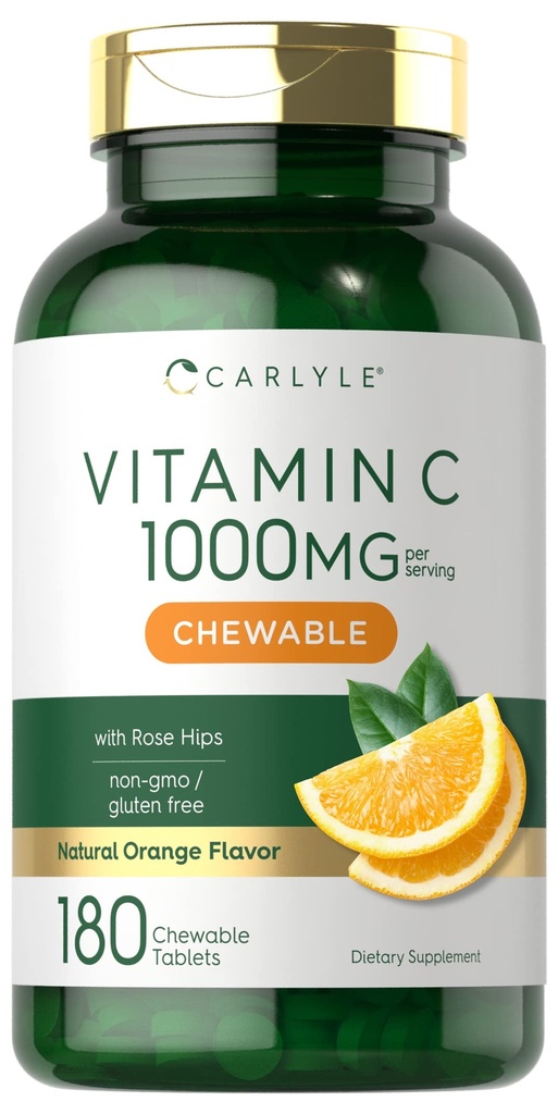 Carlyle C-vitamiini närimistables | 1000 mg | 180 tabletti | Taimetoitlane, mitte-GMO, gluteenivaba toidulisand