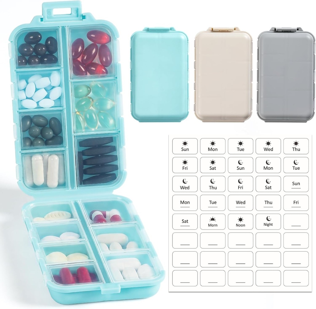 3 Pack, 14 GRIDS Travel Pill Organizer Box koos etikettidega - Travel Medicine Case Kit - Tasku Daily Pharmacy Container - Travel Medic Holder for Fish Oil Vitamin Supplement Storage