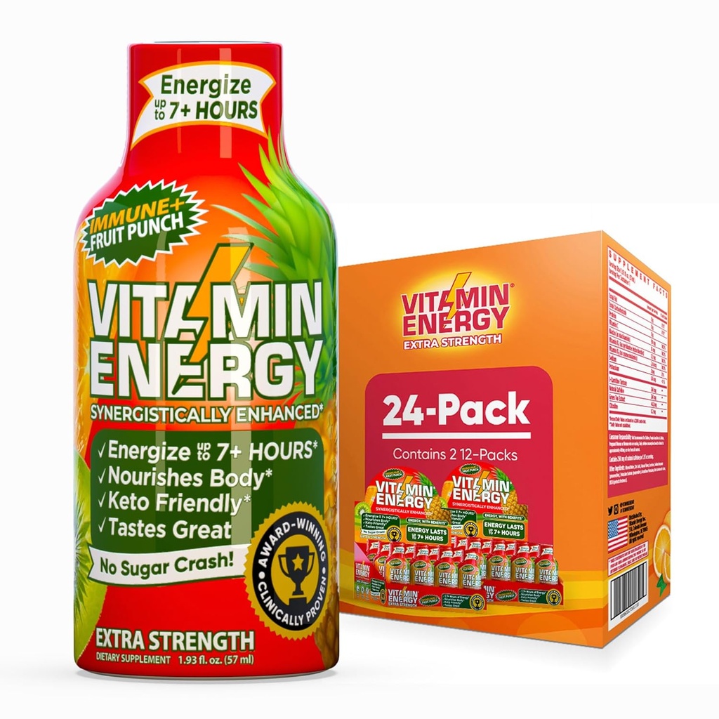Vitamiinenergia Immuunsus + ekstra tugevus Energia Shot Fruit Punch 24 Pack, 260mg looduslik kofeiin, B-vitamiinid, tsitikoliin, roheline tee, immuunsuse ja fookuse toetus, null suhkur, gluteenivaba 1,93 fl oz