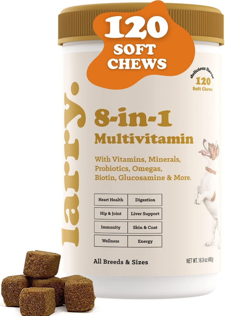 8-in-1 multivitamiini koera täiendus Larry | Süda, seedimine, maks, nahk, mantel ja ühine tugilisa koertele | vitamiinide, mineraalide, oomegade ja glükosamiini kondroitiiniga | 120 pehmed närid