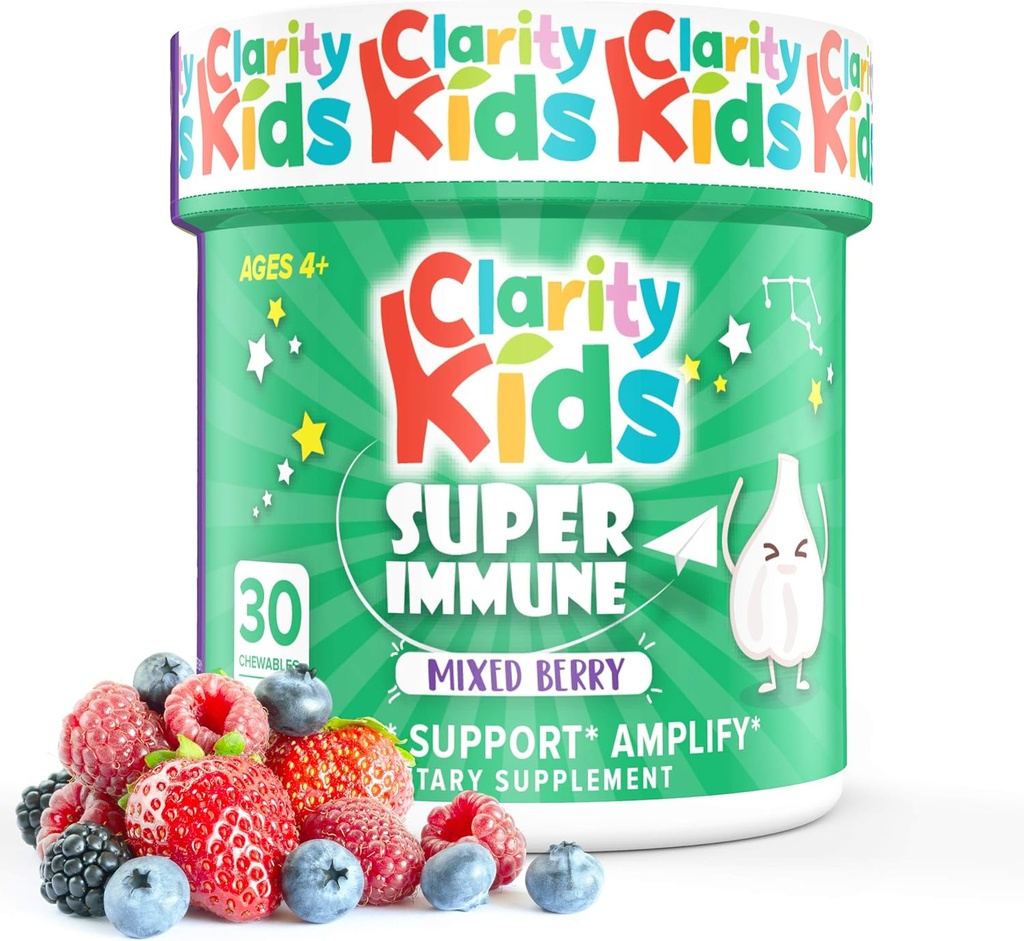 Clarity Kids Super Immune Support | Elderberry Extract, C-vitamiin, probiootikumid ja tsink lastele | Kõik looduslikud laste toidulisandid tervislikule soole | USA valmistatud närimistooted | 30 tükk
