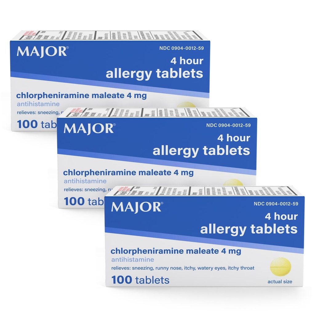 MAJOR 4 Mg Allergiatabletid - Klorfeniramiin Maleaat 4-tunnine allergia meditsiin - Antihistamiin aevastamise, sügelevate vesiste silmade, sügeleva kurgu ja runny nina leevendamiseks - 100 loend (3 pakend)