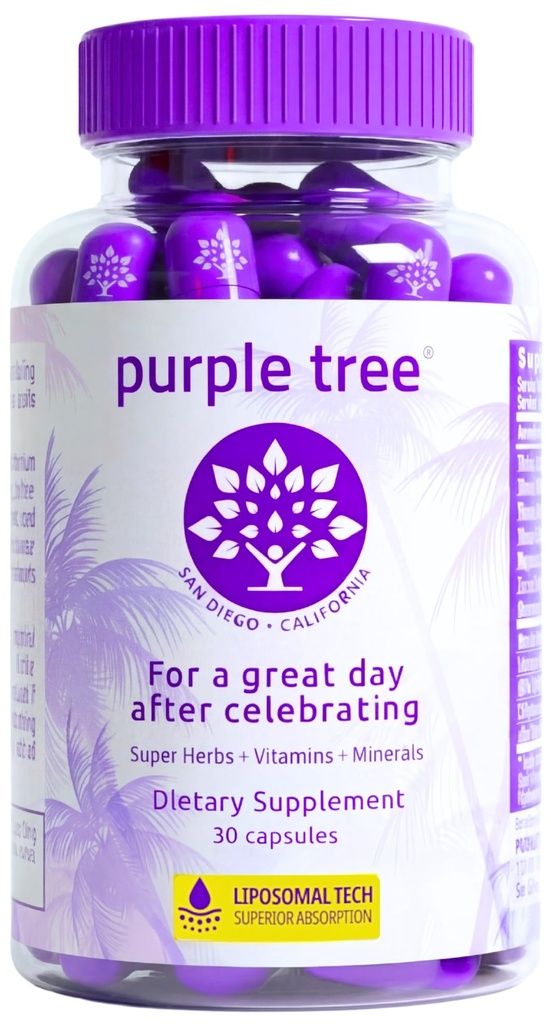 Purple tree Post-Celebration Wellness Vitamiinid | Maksatoetus, kiire hüdratsioon, keha Replenisher | Dihüdromüüritsetiin DHM, piimaohakas, elektrolüüdid, B-vitamiin, pajukoor, kvertsetiin (30 pilli)