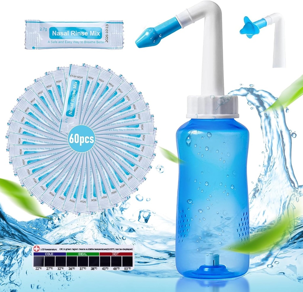 Neti Pot Sinus Loputada Pudeli Ninapesula Puhastaja Rõhk Loputada Nasali Niisutus 60 Nasalipesu Soolalahus Pakendid & 300 ML Neti Pudel Täida Komplekti Idee ja Kleepuv Termomeeter Täiskasvanutele & Kid (sinine)