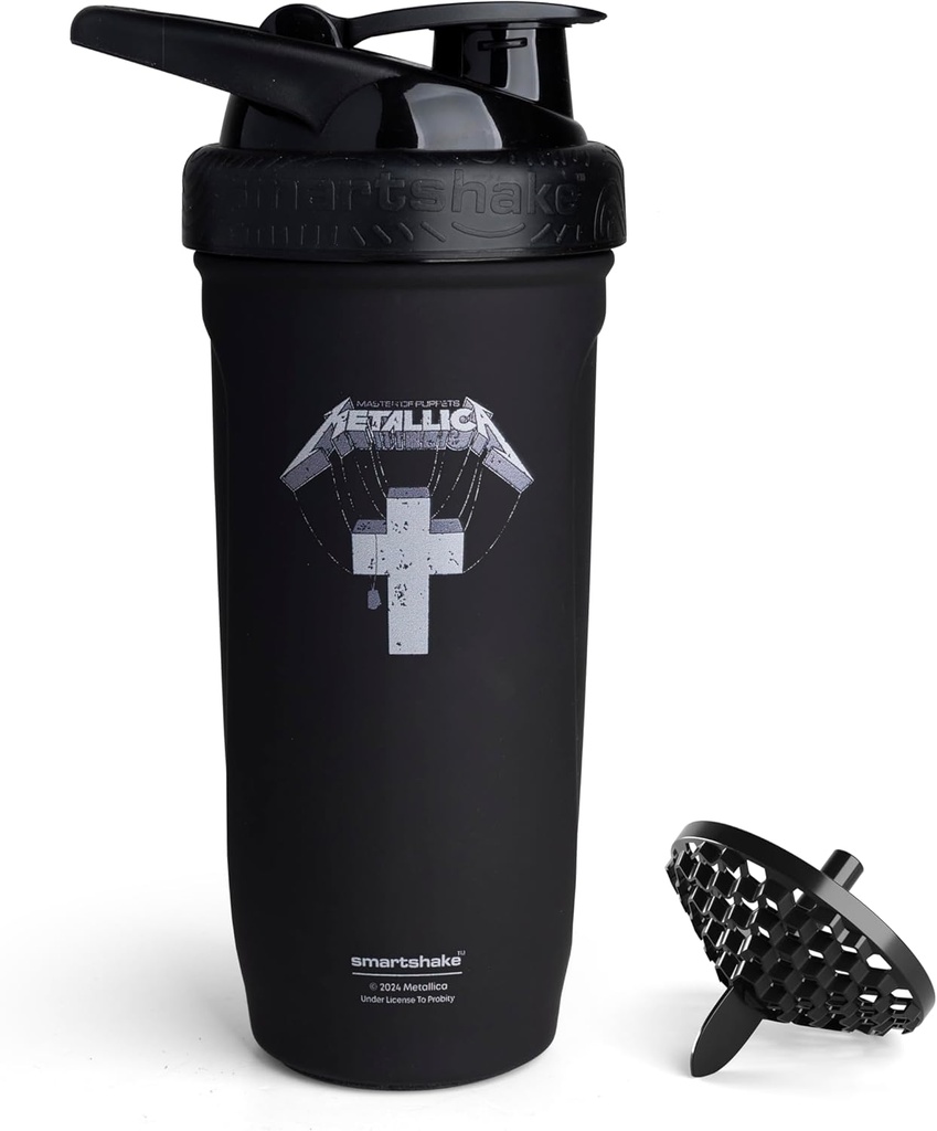 Smartshake Rockband Reforce Stainless Steel Protein Shaker Pudel 900 ml | 30oz - Leakproof Screw-on Lid - BPA Free - Unisex - Metallica, Master of Puppets Logo pudelil