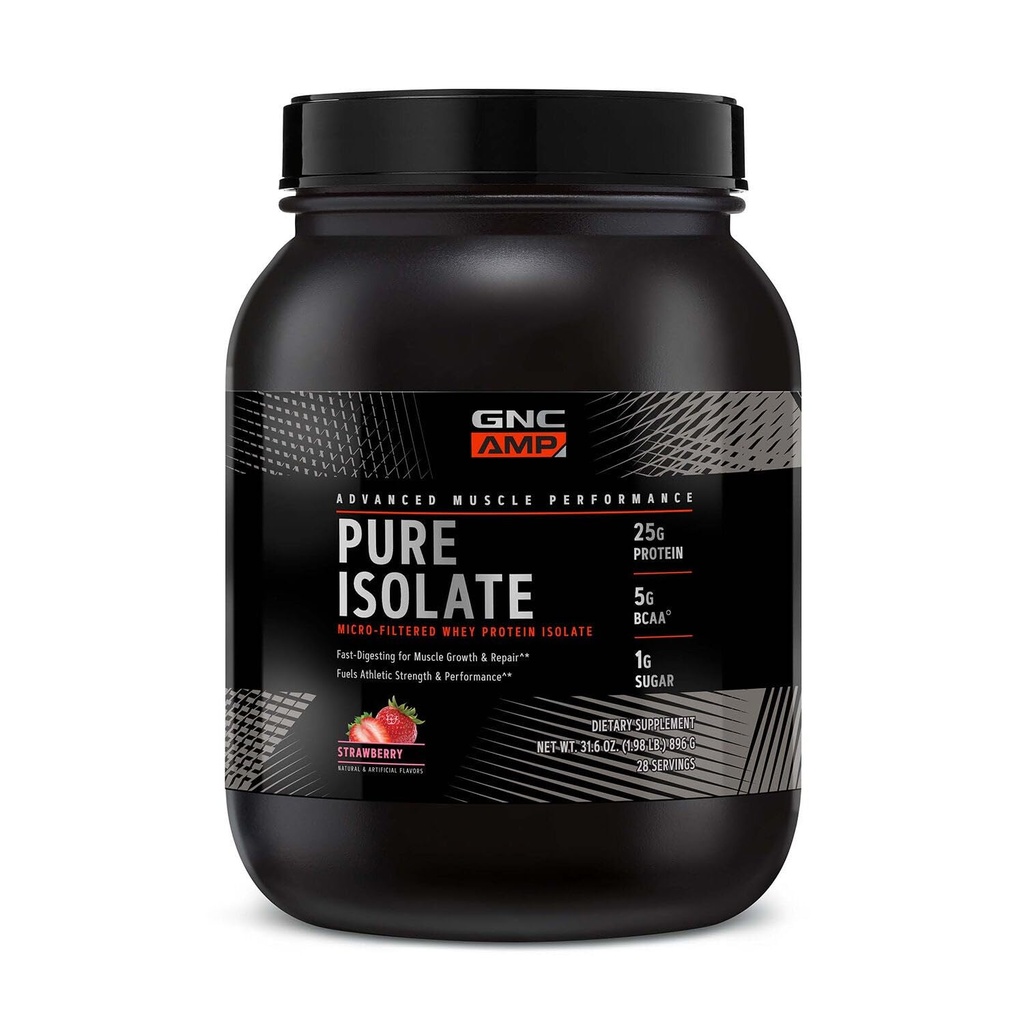 GNC AMP Puhta Isolaadi vadakuvalgu pulber, lihaste kasv, taastumine, jõudlus, 25 g valku, 5 g BCAA, 1 g suhkur, 130 kalorit või vähem, 3. osapoole testitud, Gluteenivaba, maasikas, 28 SVG