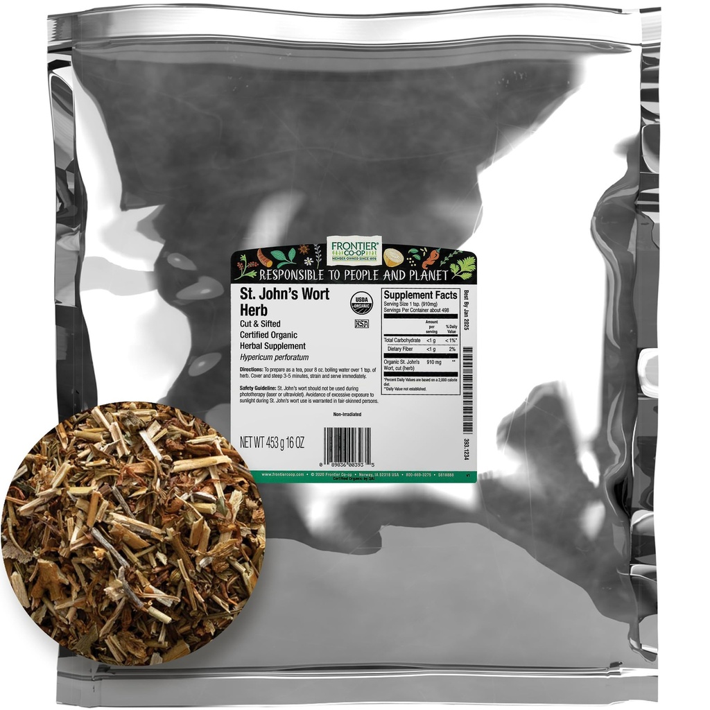 Frontier Co-Op Orgaaniline Lõik ja Sifted Saint John's Wort Herb 1lb - Kuivatatud Herb St Johns Wort Orgaaniline tee või Diy kapslid, õli, tinktuur, täiendus