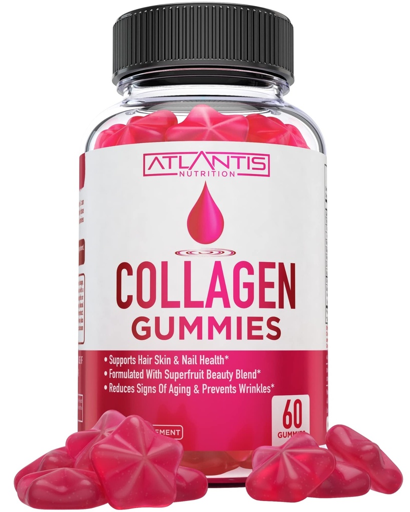 Atlantis Nutrition Collagen Peptides Gummies naistele - Formuleeritud tüüp I & III - Vitamiin & Superfruit Ilu Blend - Formuleeritud juuste, küünte ja naha tervise toetamiseks | 60 Count