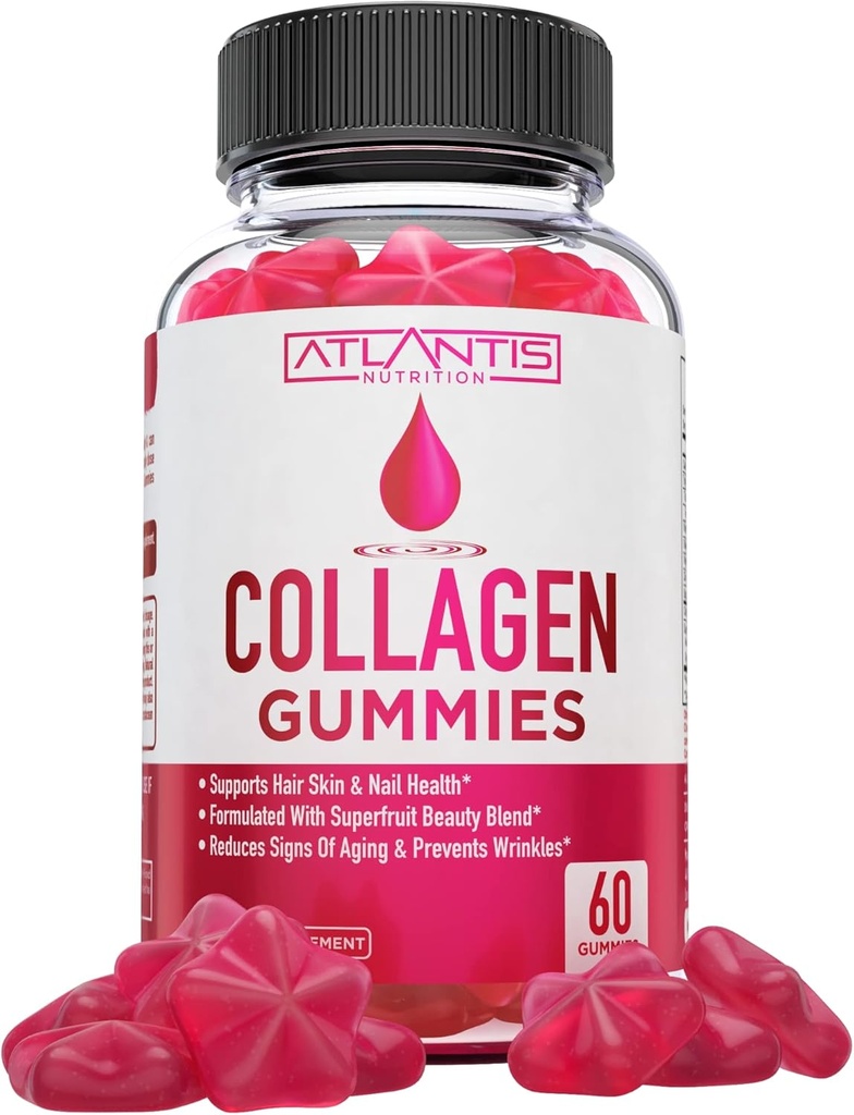 Atlantis Nutrition Collagen Peptides Gummies naistele - Formuleeritud tüüp I & III - Vitamiin & Superfruit Ilu Blend - Formuleeritud juuste, küünte ja naha tervise toetamiseks | 60 Count