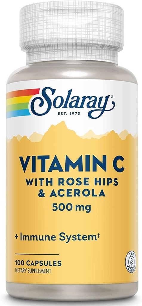 Solaray C w/Rose HIPS & Acerola, Kapsel (Btl-Plastic) 500mg | 100 Count | Pack of 2