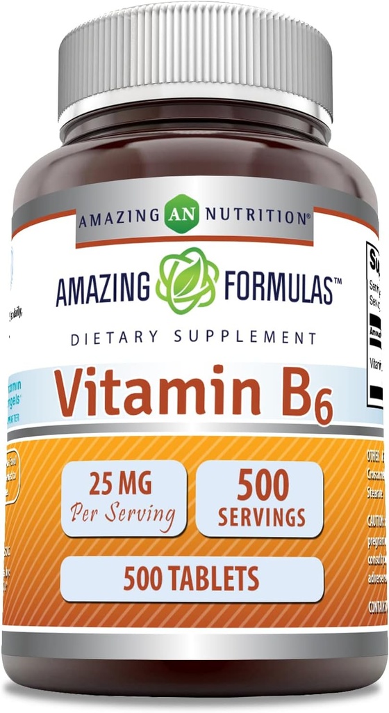 Amazing valemid Vitamiin B6 (püridoksiin) 25 Mg toidulisand | Tabletid | Non-GMO | Gluteenivaba | Valmistatud USAs (1 Pack | 500 Count)