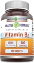 Amazing valemid Vitamiin B6 (püridoksiin) 25 Mg toidulisand | Tabletid | Non-GMO | Gluteenivaba | Valmistatud USAs (1 Pack | 500 Count)