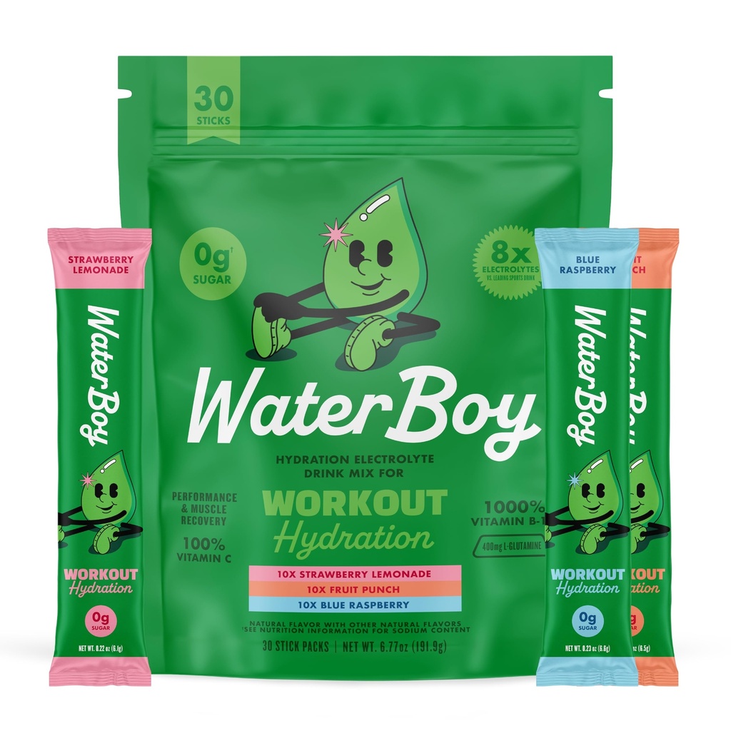 Waterboy Workout Hydration | 2,960mg Suhkruvaba elektrolüüt pulbri pakendid | L-Glutamiin + vitamiinid | Ei suhkrut, kõik looduslikud, gluteenivabad (Variety)