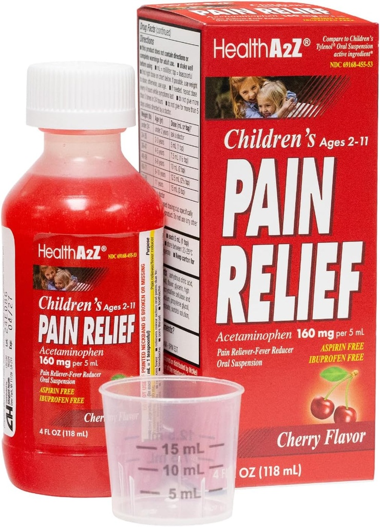 HealthA2Z® laste valu leevendamine | Acetaminophen 160 mg (5 ml) | Ages 2-11 | Cherry Flavor | Pain Reliever - Palaviku vähendaja - Suukaudne suspensioon | Aspiriin ja Ibuprofen Free | 4FL Oz (118 ml)