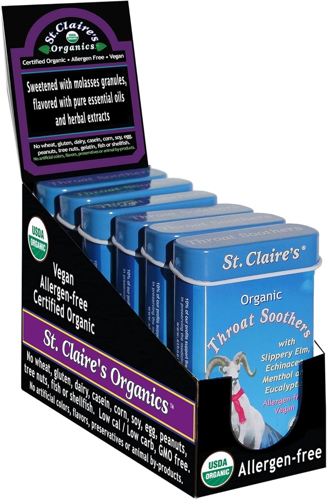 St. Claire's Organics Throat Soothers, (1,5 Ounce Tin, Pack of 6) | Gluteenivaba, vegan, GMO-vaba, taimepõhine, allergeenivaba | Valmistatud meie allergeenivabas rajatises