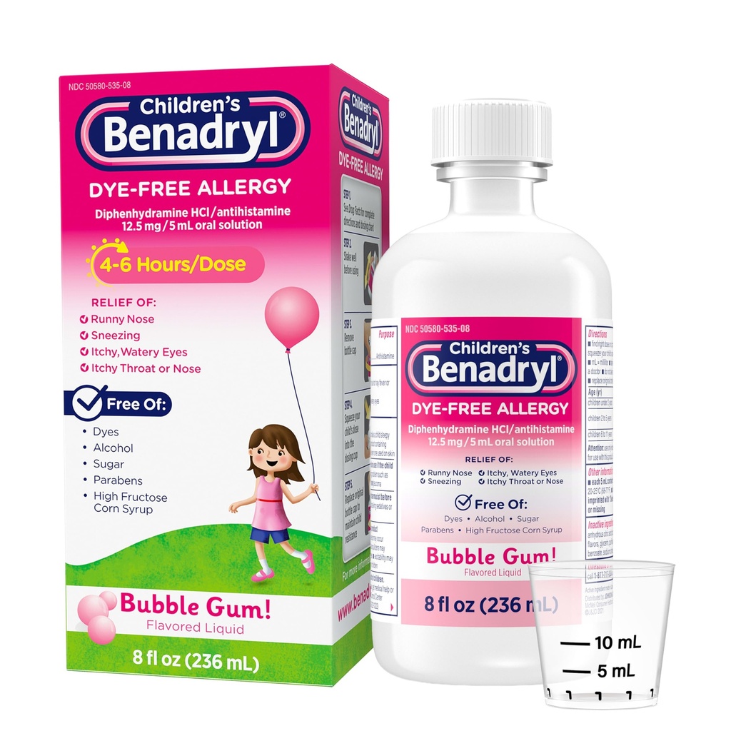 Benadryl Laste värvivaba allergia Relief Vedelik, Allergia Meditsiin lastele, 12,5 mg Difenhüdramiin HCl Antihistamiin, Relieves Runny Nina & Aevastamine, Paraben-Free, Bubble Gum Flavor, 8 fl.
