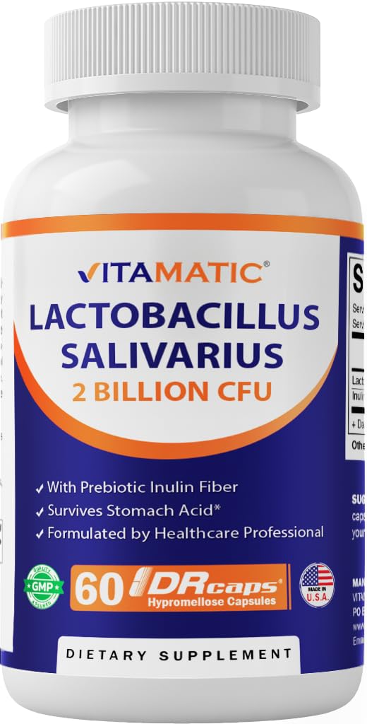 Vitamatic Lactobacillus Salivarius 2 miljardit DR kapsli kohta - 60 loend - seedetrakti tugi - valmistatud prebiootilise inuliini kiud (1 pudel)