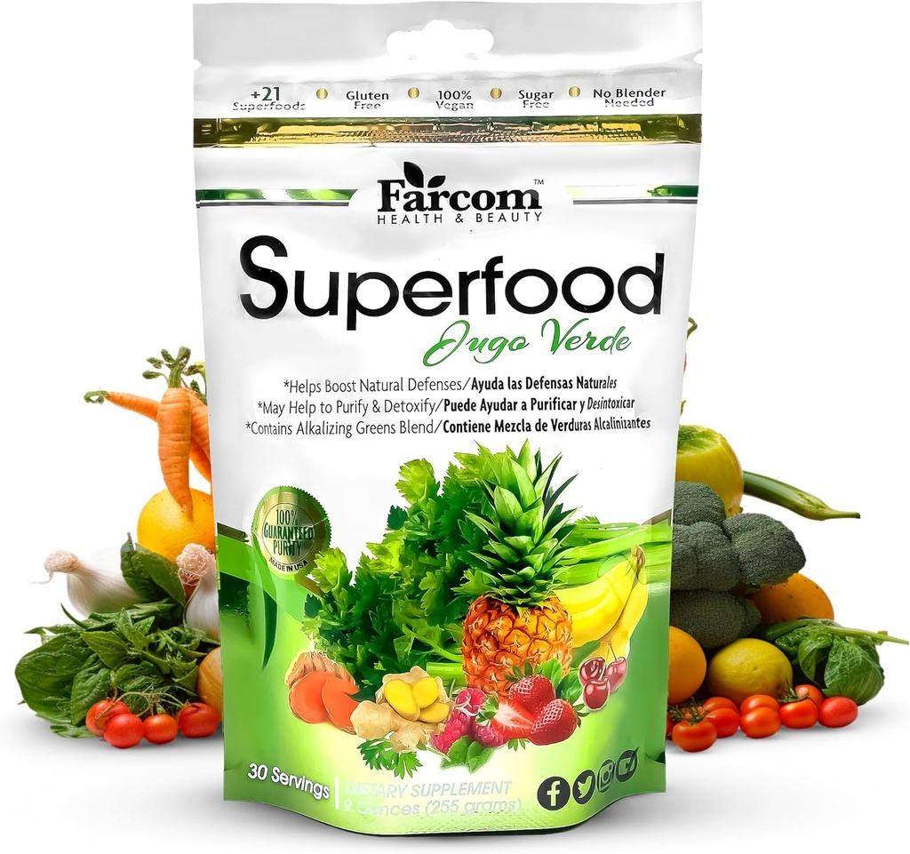 Superfood Green Juice Pulber - segu üle 21 Super Greens, Adaptogens, prebiootikumid, probiootikumid, antioksüdandid - Detox, energia ja immuunsüsteemi tugilisand - Vegan, Gluteenivaba
