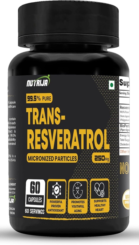 Trans Resveratrol 250MG kapslid - 99,5% puhas mikroniseeritud ja väga biosaadav toidulisand | Aeglane vananemine, tõestatud võimas antioksüdant | parandab ainevahetust ja südame tervist (120 kapslit)