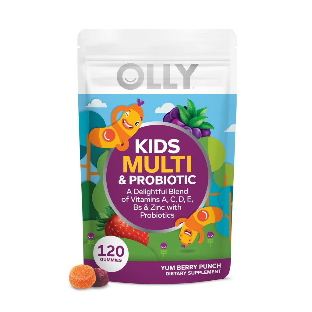 OLLY Kids Multivitamiinid ja probiootiline nämmy, seedetrakti tugi, vitamiinid A, D, C, E, B, tsink, närimislisand, Berry maitse, 60 päeva pakkumine - 120