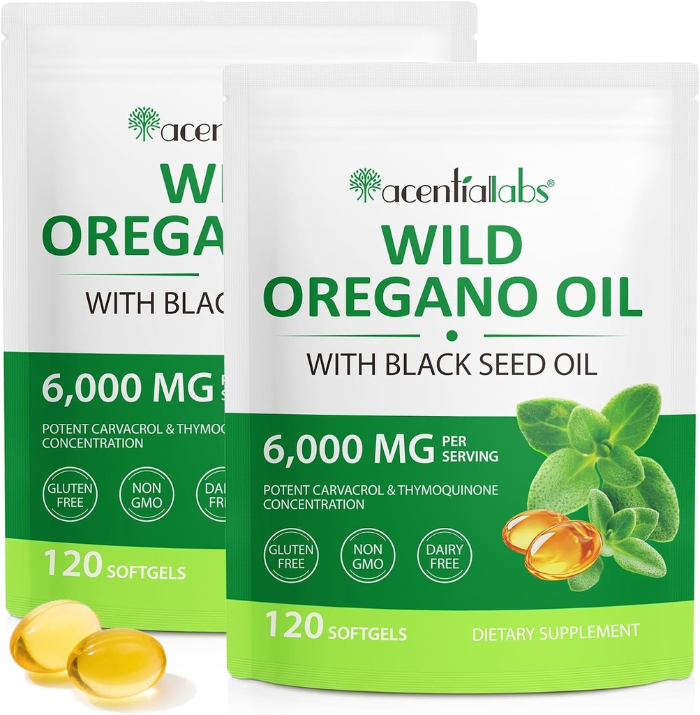 Oregano Softgelsi õli 6000mg 2 Pack, 2 in 1 Formuleeritud musta seemne õli 120 Count, Oregano õli kapslid Oregano Softgels Gluteenivaba õli, Non-GMO & Immune Support