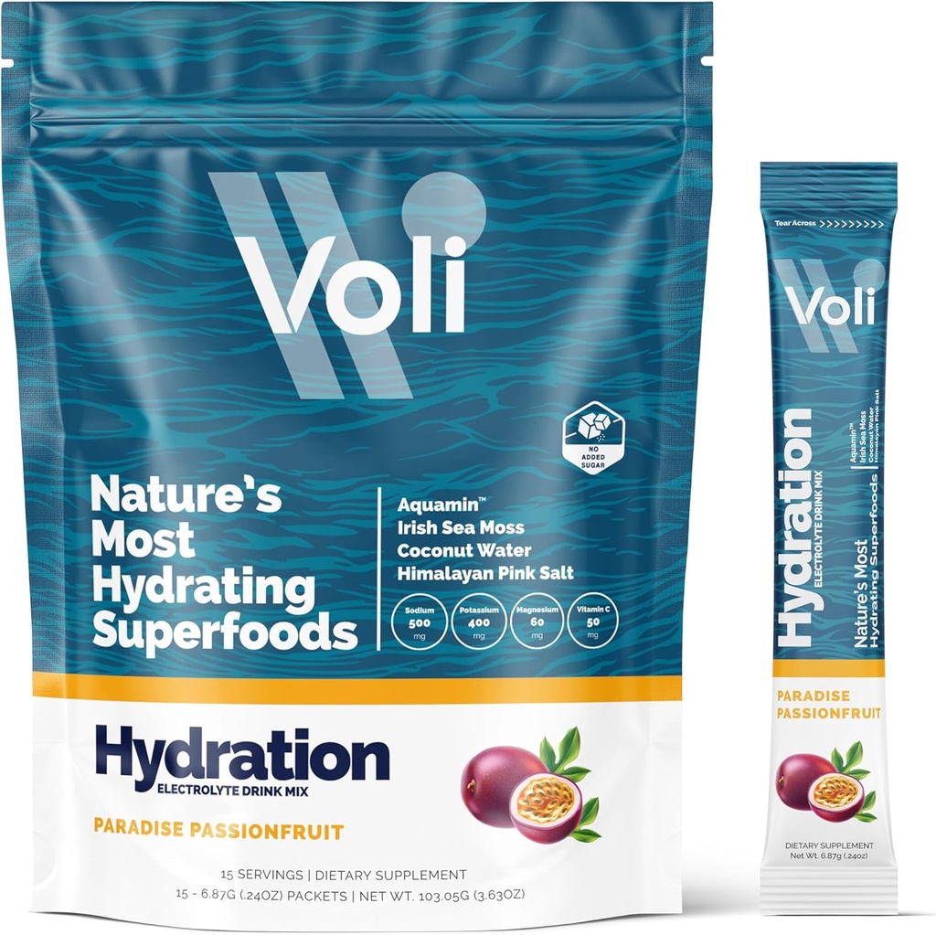 Voli elektrolüütide pulbripaketid | Lisatud suhkru elektrolüütide joogisegu  Hydra Keto & paastumine Sõbralik, looduslikud supertoidud & mineraalid | Passionfruit, 15-Count