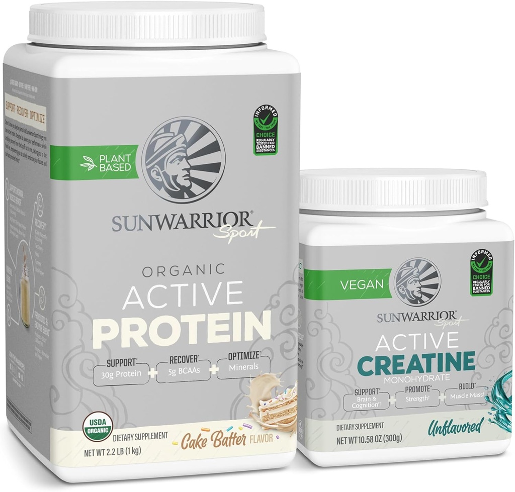 Sunwarrior Vegan Valgu Pulber USDA Orgaaniline | 20 Servings Cake Batter Maitsestatud & Kreatiin Monohüdraat Pulber | 60 Servings Unflavoured