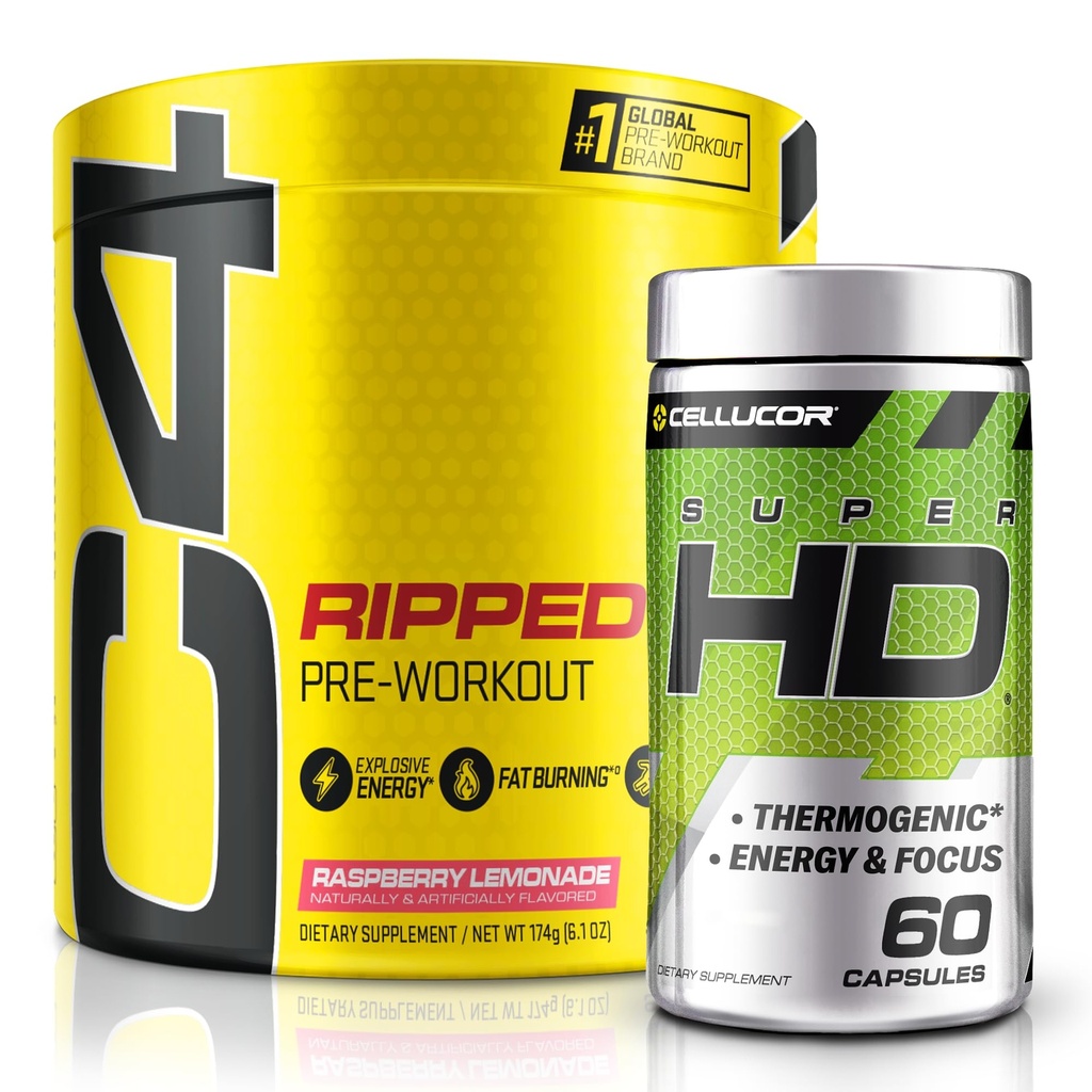 C4 Ripped & SuperHD, Thermogenic Bundle, C4 Ripped Pre Workout Powder, Vaarika Lemonade 30 Servings + SuperHD koos Capsimax ja roheline tee ekstrakt, 60 Servings